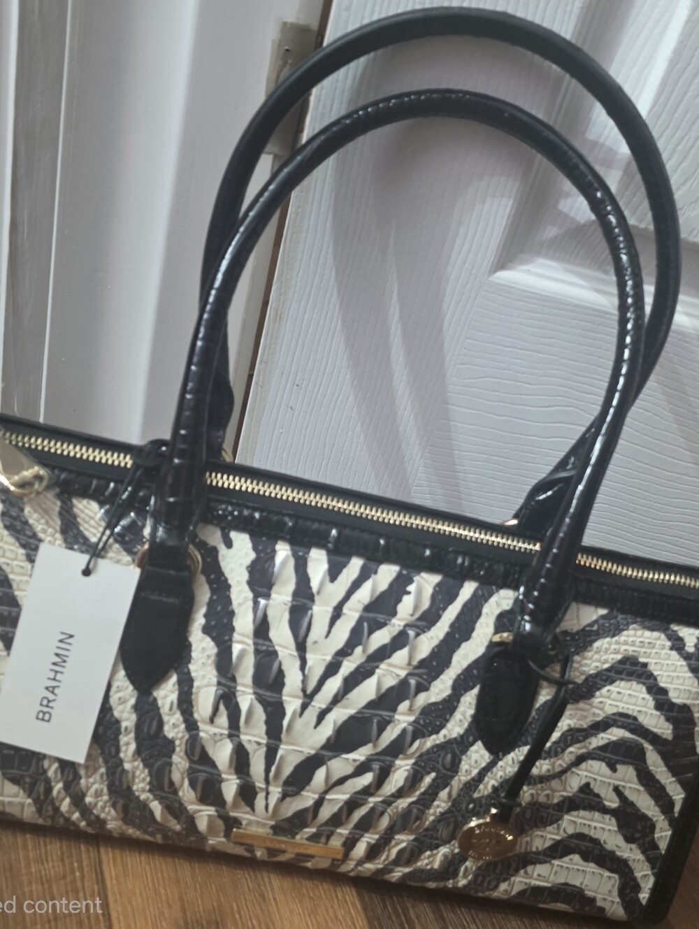 Zebra-Print Croc-Texture Tote Bag in Black and White
